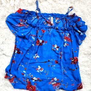 Sz XL Blue Blouse with Floral Print and Frills